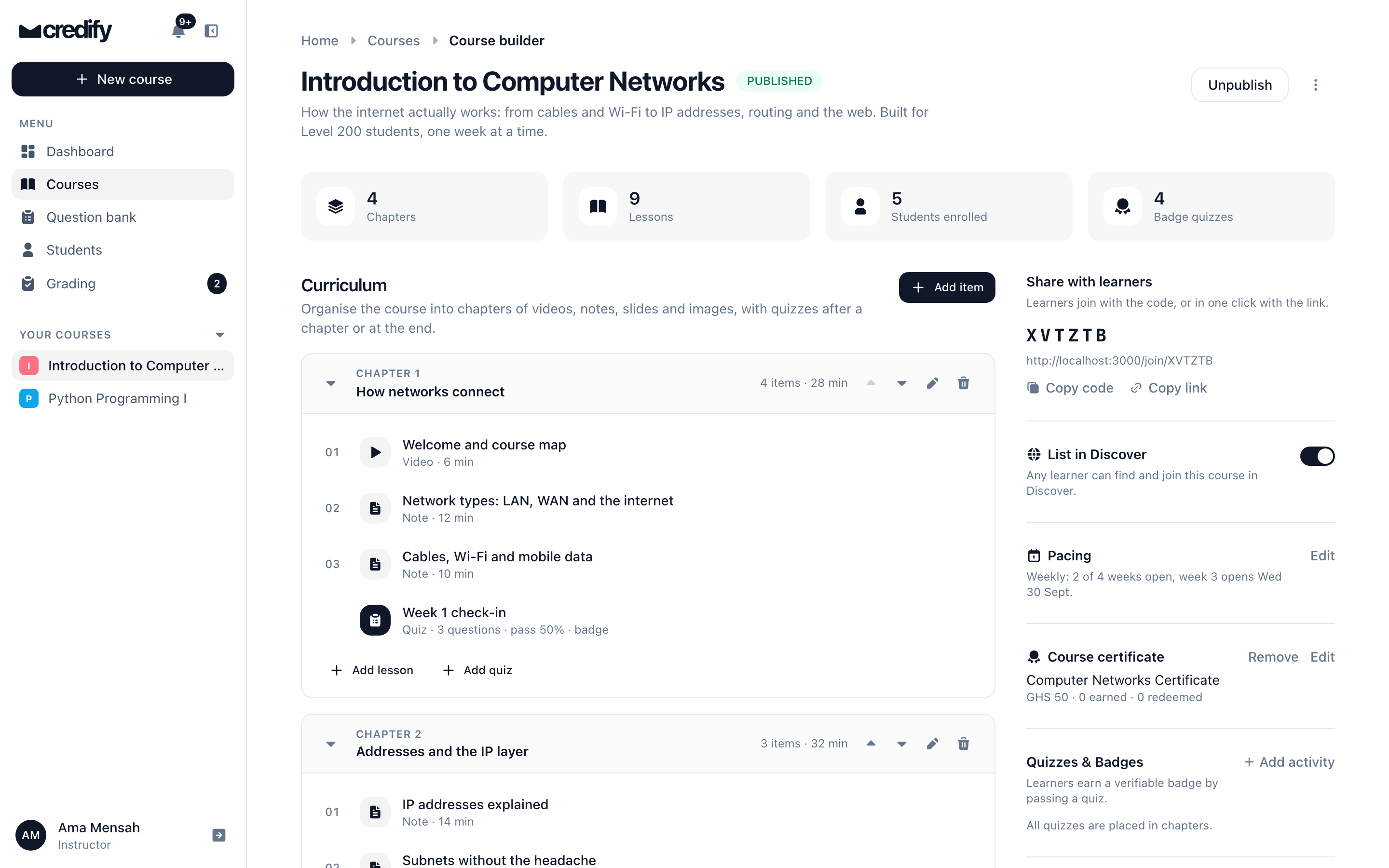 The Credify course builder with chapters, weekly pacing and a course certificate