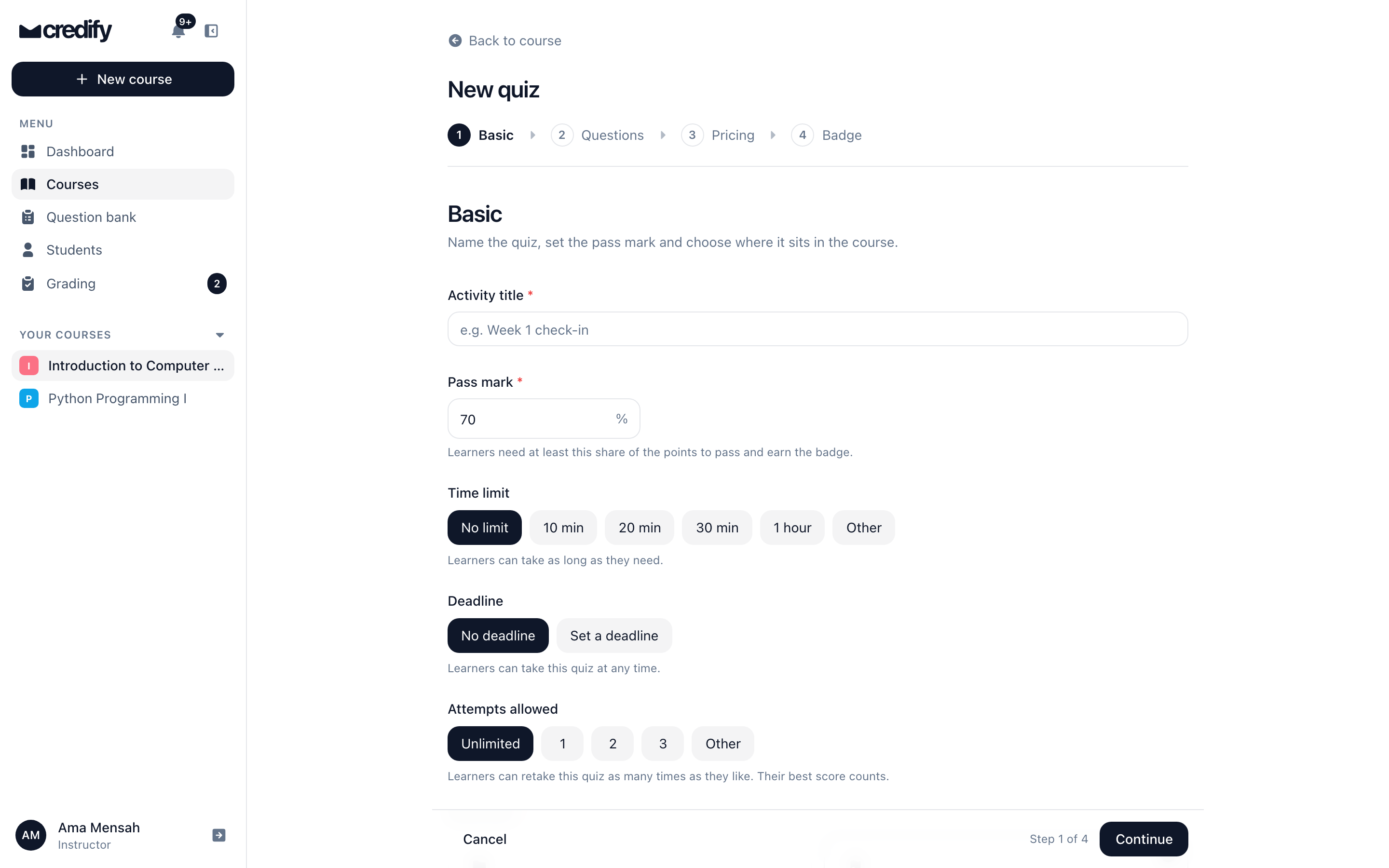 The Credify quiz builder with pass mark, time limit, deadline and attempts