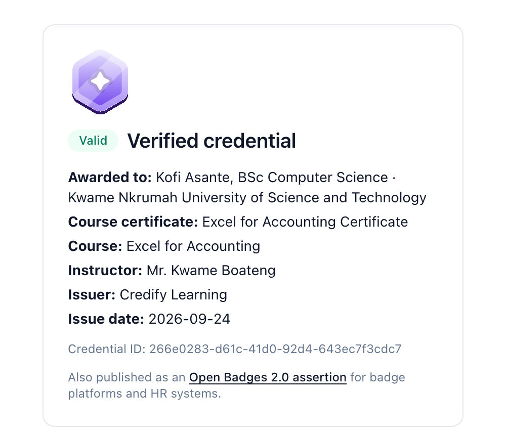 A Credify verification page showing a valid course certificate